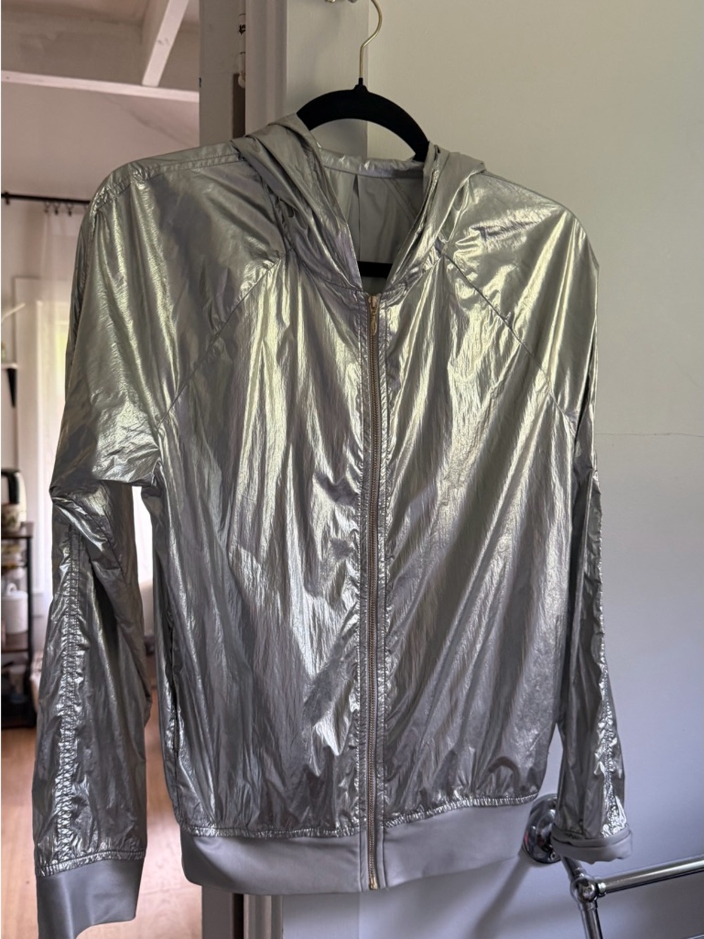 Women's Metallic Silver Hooded Bomber Jacket